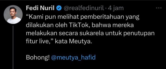 Pernyataan Fedi Nuril di X 